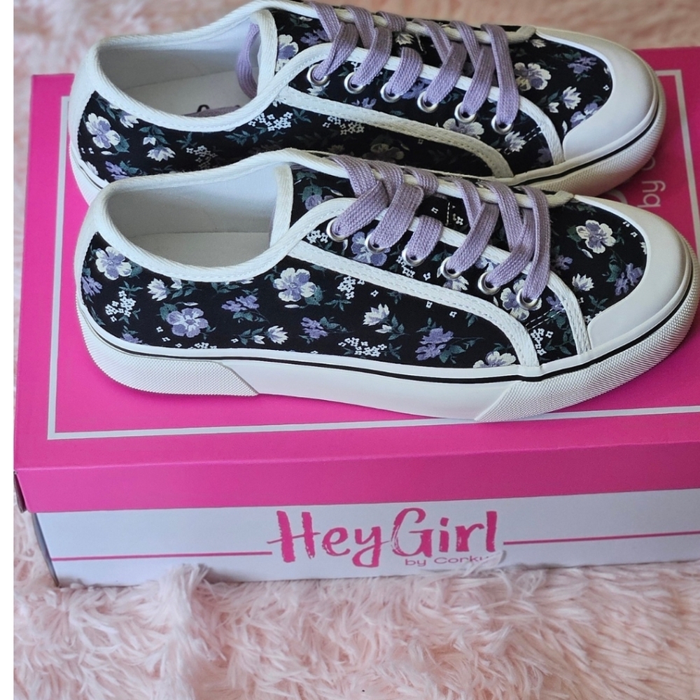 Corkys Floral Black and White Sneakers with Purple Laces - Picture 7 of 8